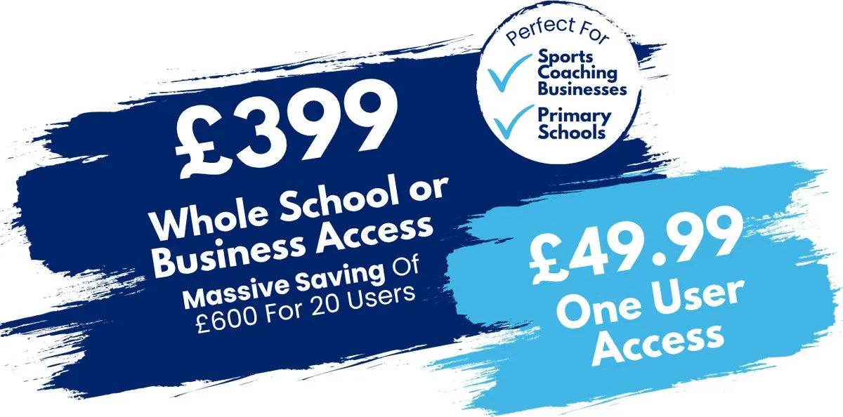 Pricing: £399 for whole school or business access, a saving of £600 for 20 users, or £49.99 for one user access. Perfect for sports coaching businesses and primary schools.